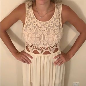fancy sheer tan / cream crotchet maxi dress